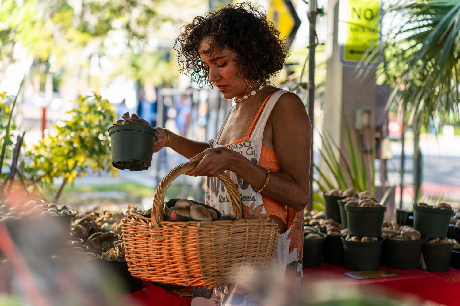 Hannah choosing herbs at the market